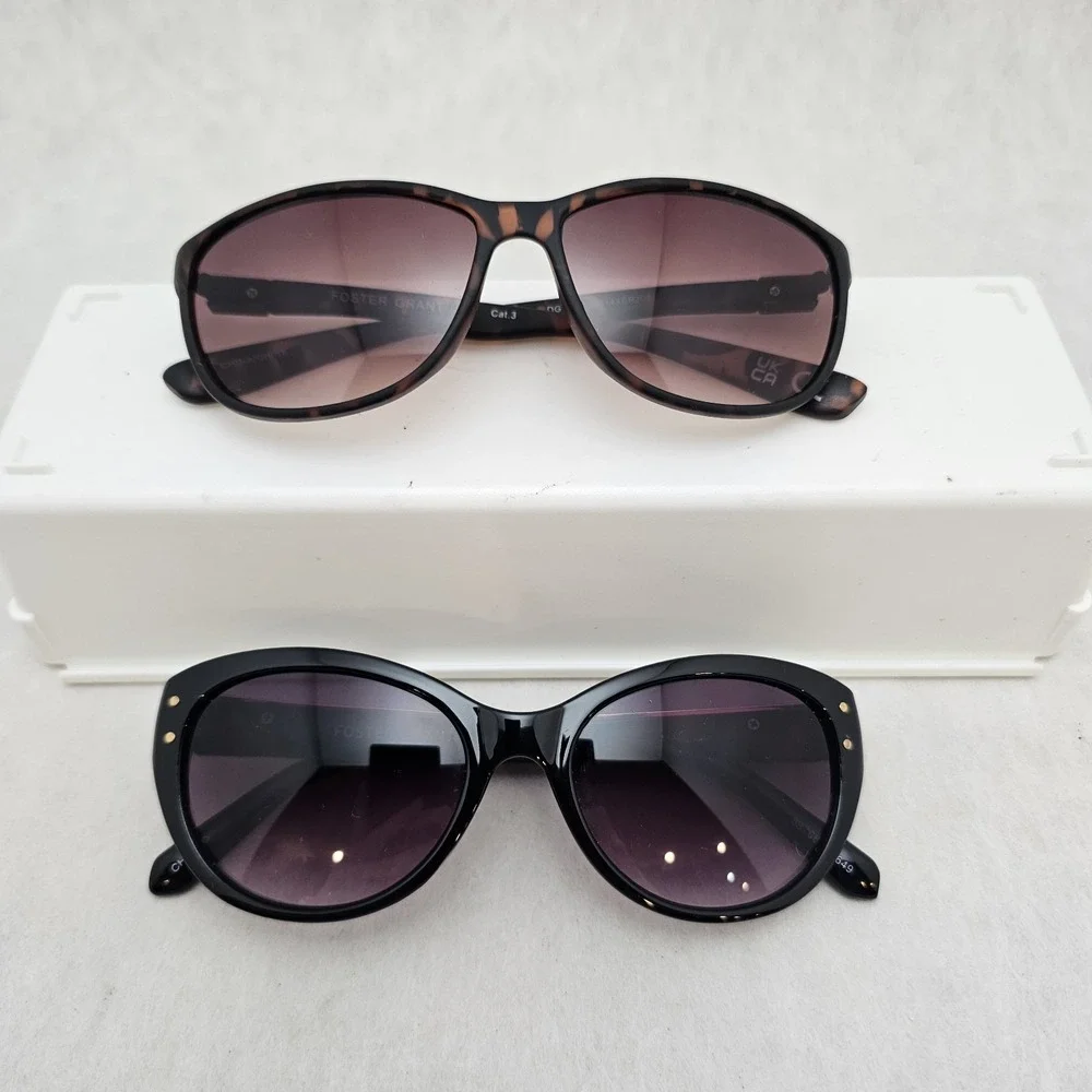Foster Grant Lot Of 2 Womens Sunglasses Cat Eye Tortoise Glossy Black Gold Trim